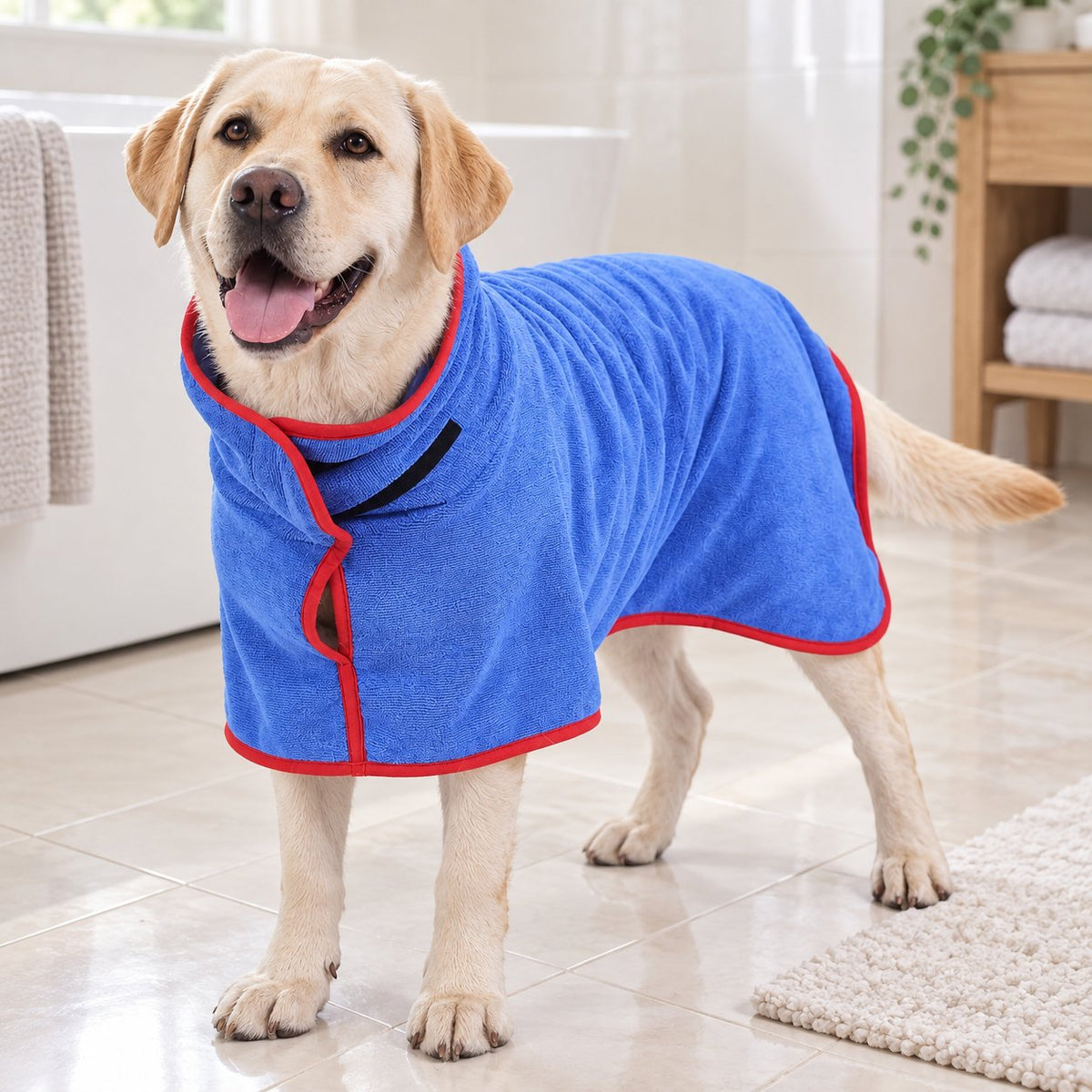 Blue dog bathrobe with red trim, worn by a cream dog