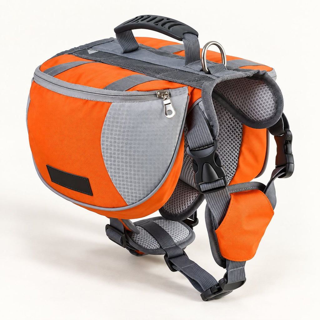 Orange hiking pack, showing side pockets and adjustable straps