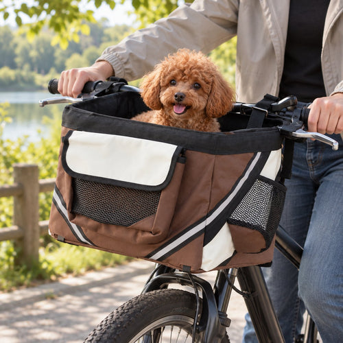 Coffee basket mounted on a bicycle with a small dog inside