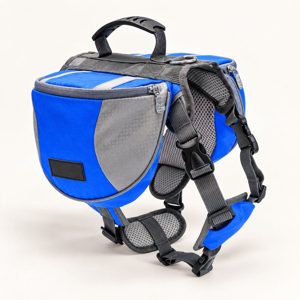 Sky Blue hiking pack, showing side pockets and adjustable straps