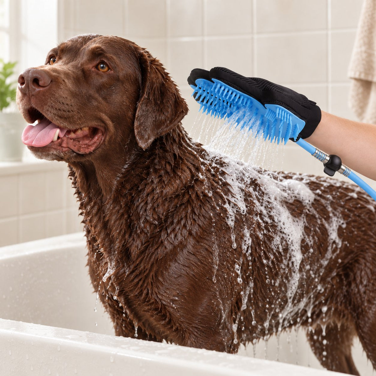 Shower glove spraying water through a dog's coat