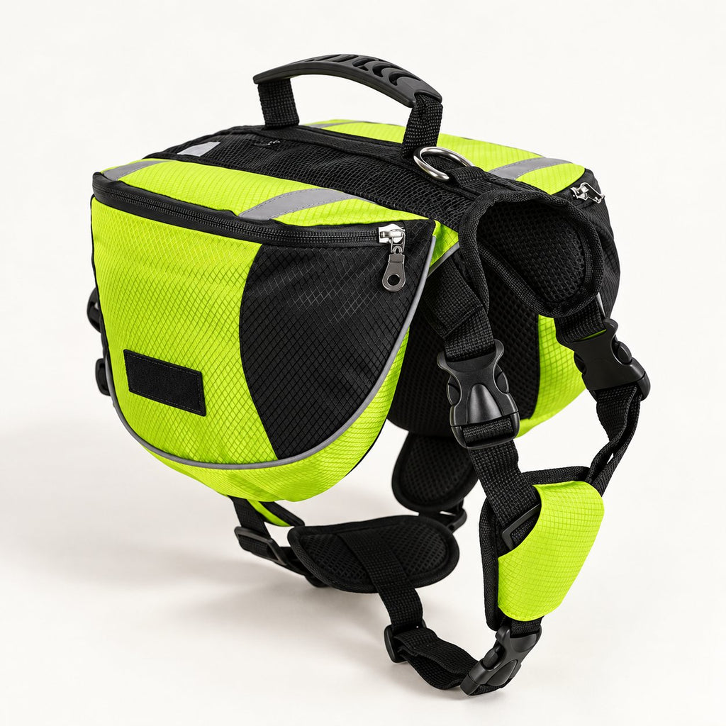 Green Black hiking pack, showing side pockets and adjustable straps