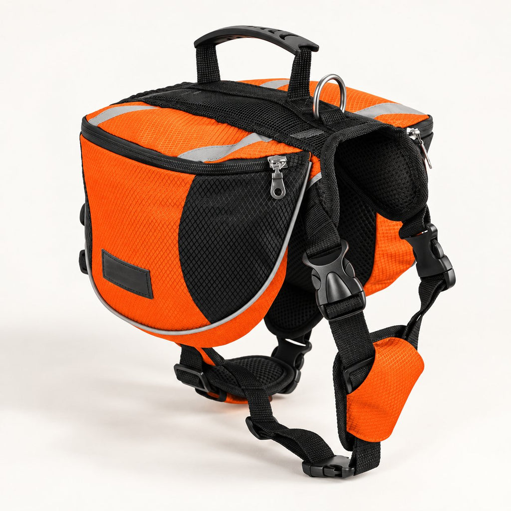 Orange Black hiking pack, showing side pockets and adjustable straps