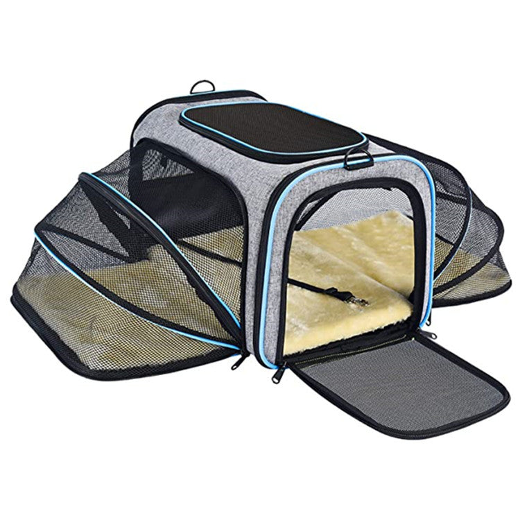 Grey carrier with mesh side extensions open
