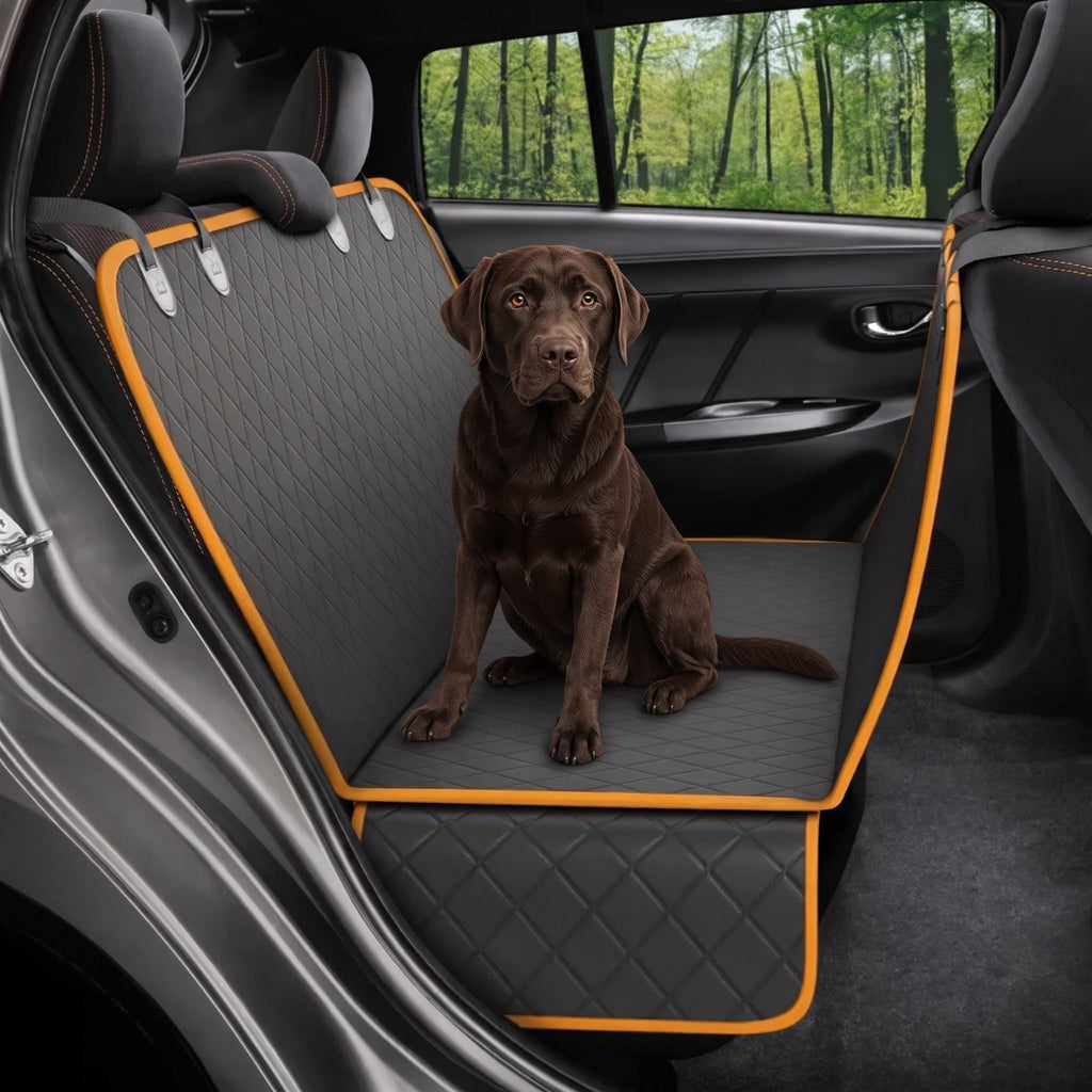 Dark brown Labrador on the orange-edged bench-style seat cover