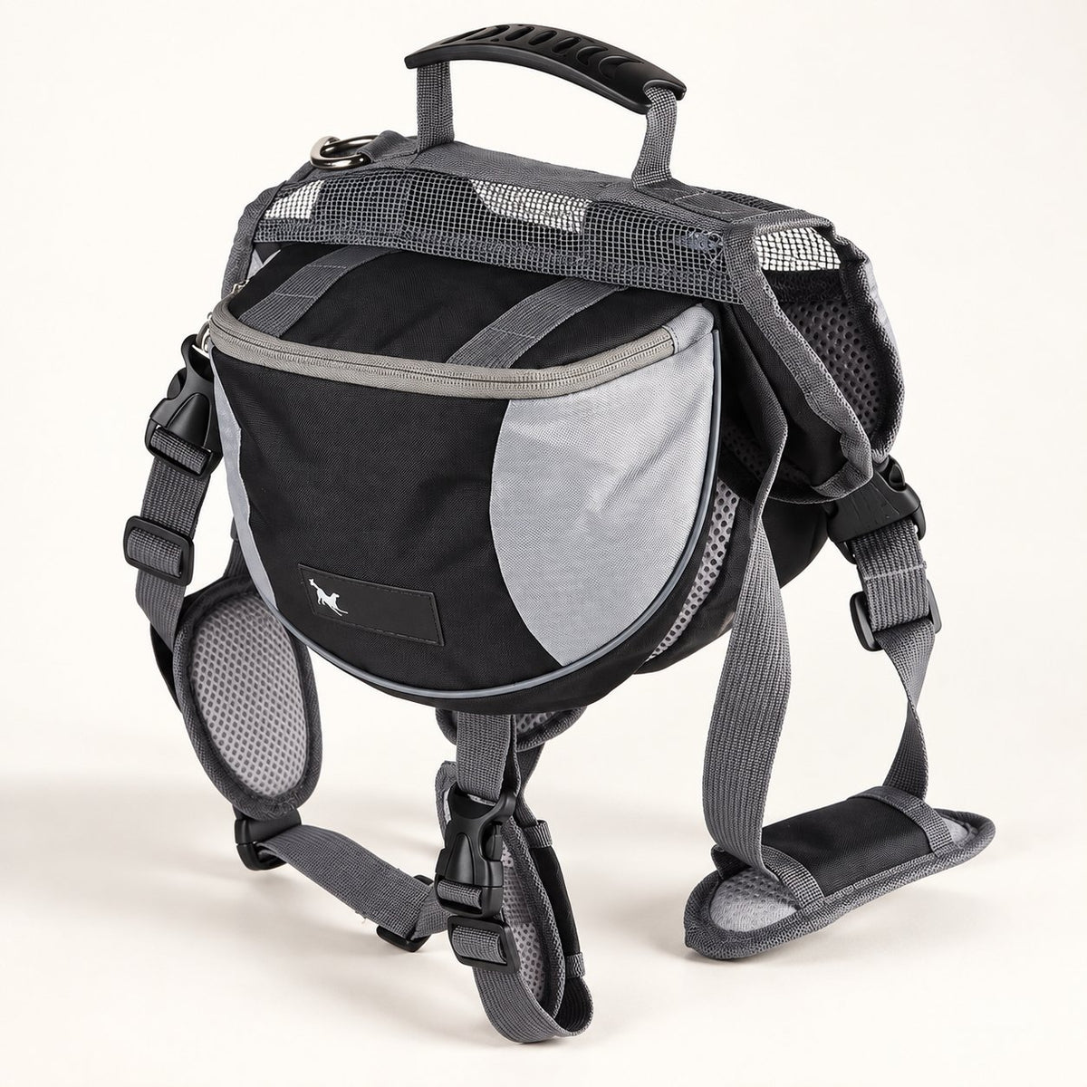 Black hiking pack, showing side pockets and adjustable straps