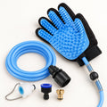 Blue shower glove, hose and connector accessories