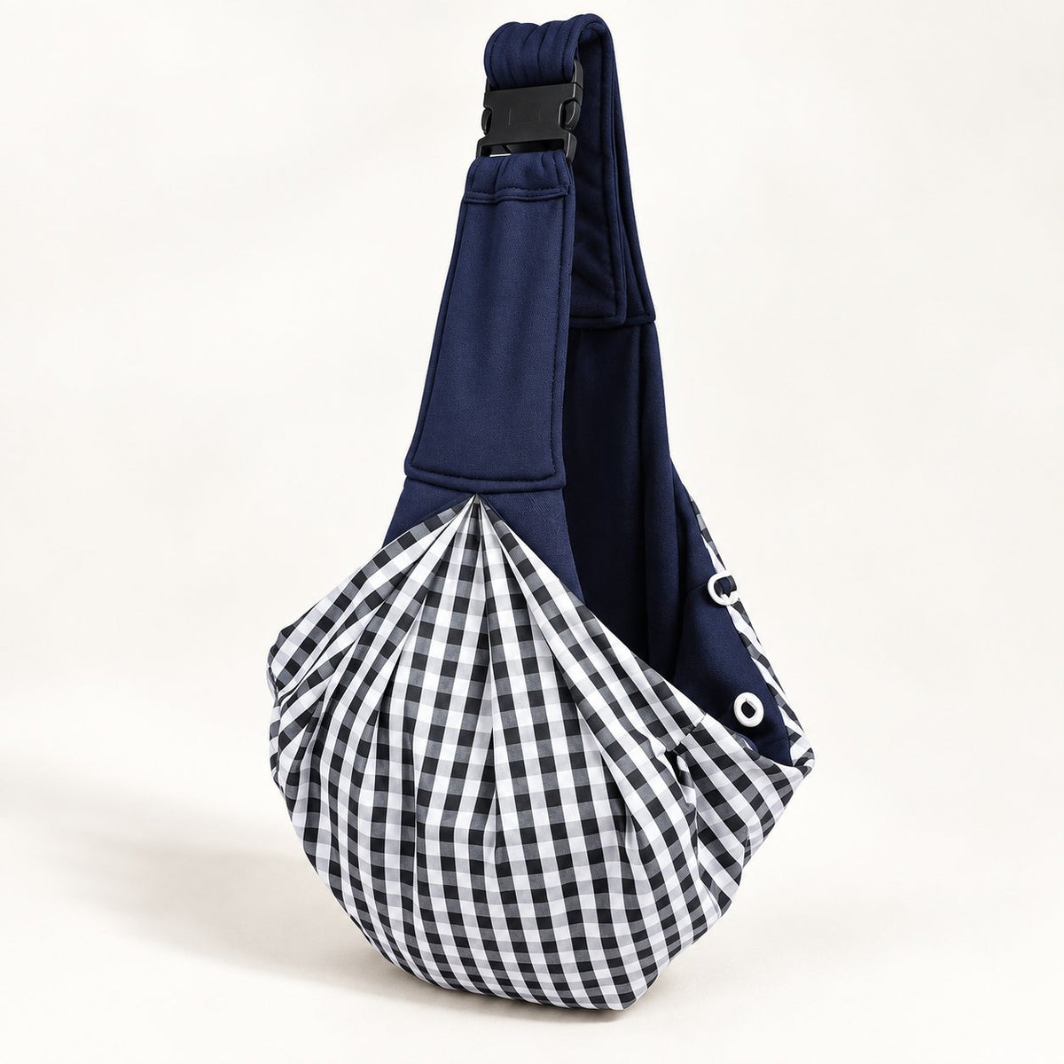 Blue carrier opened to show the checked lining