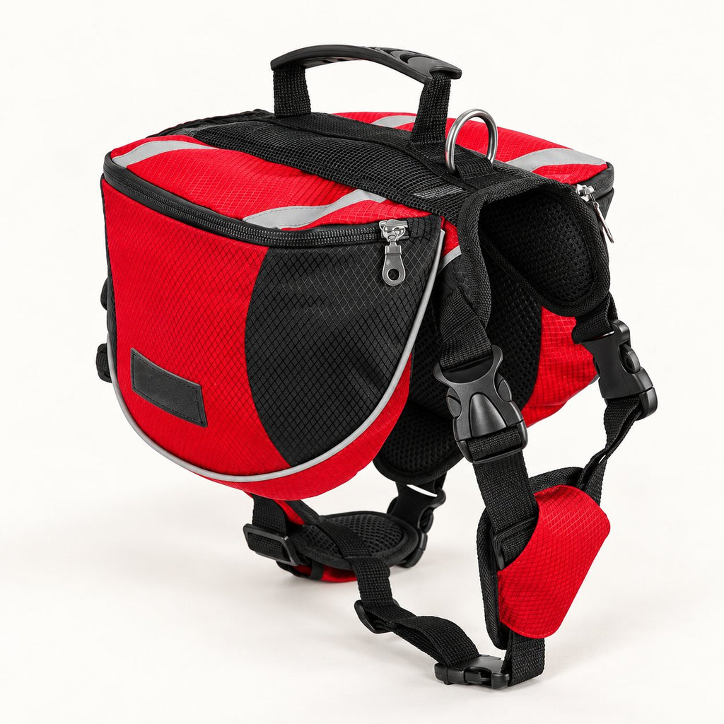 Red Black hiking pack, showing side pockets and adjustable straps