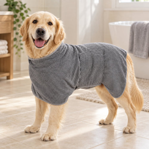 Grey bath robe worn by a golden retriever