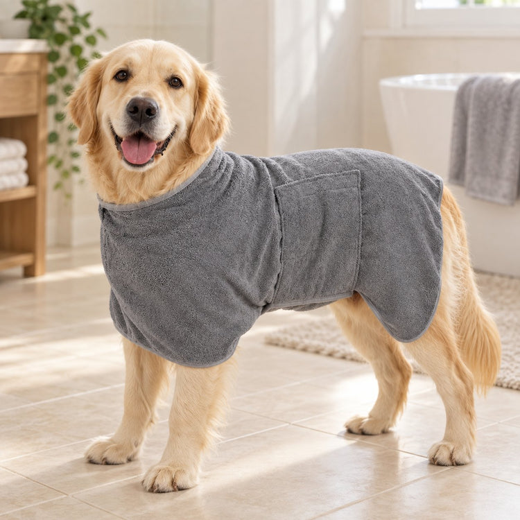 Grey bath robe worn by a golden retriever