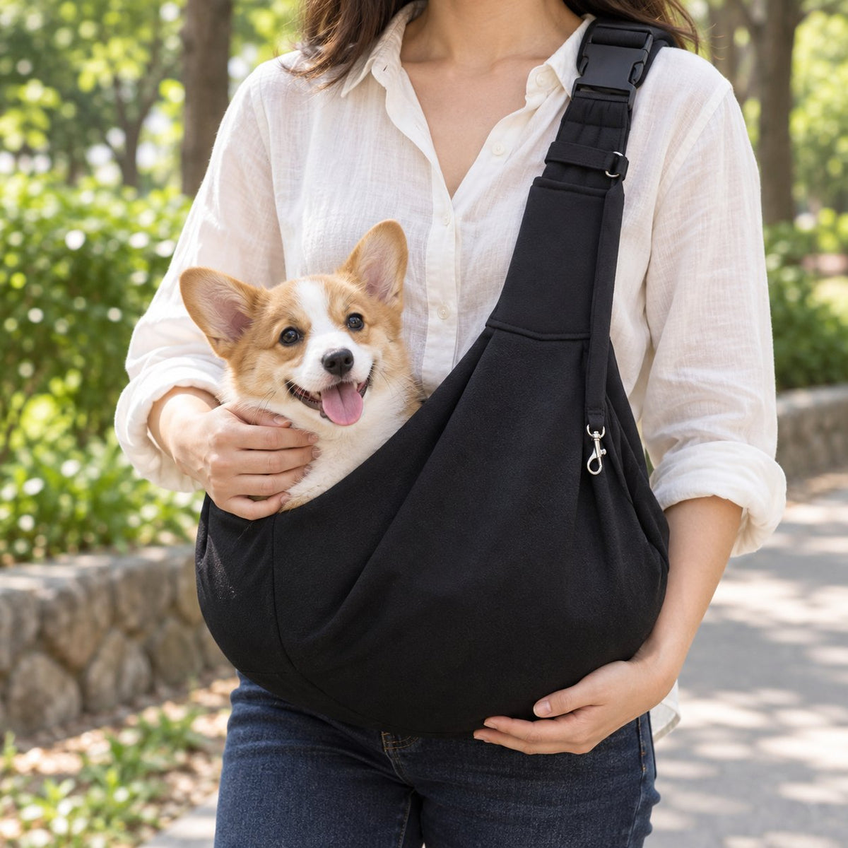 Black shoulder carrier worn with a small dog inside