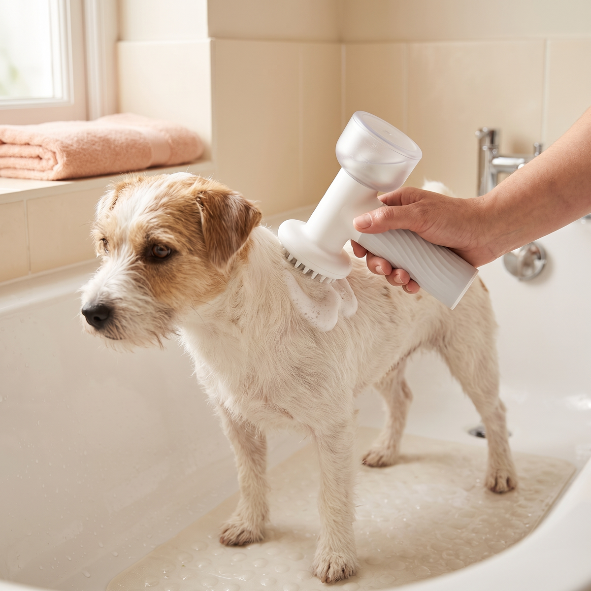 Dog bath-time with the white foaming brush — lifestyle illustration