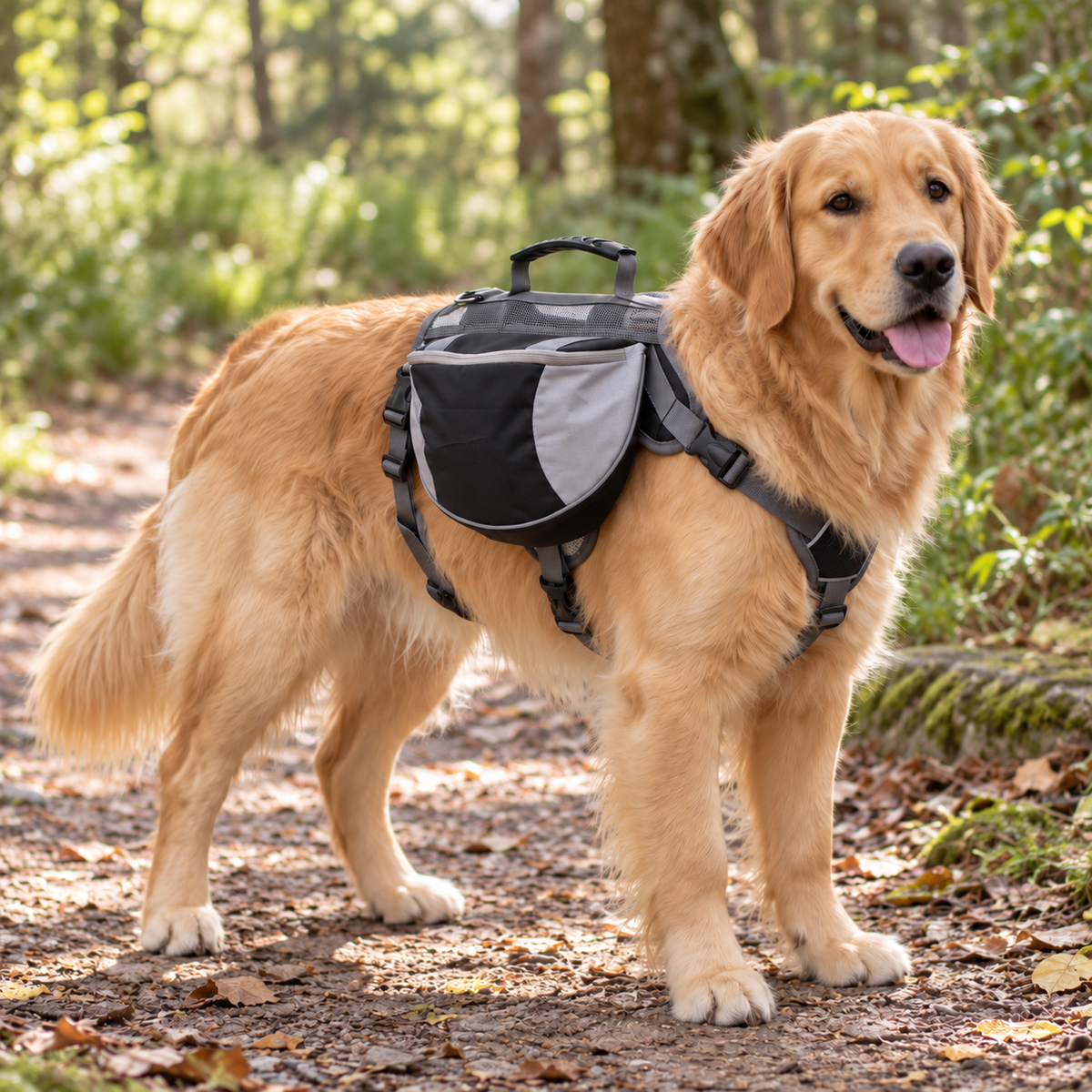 Black hiking pack worn by a dog on a garden path