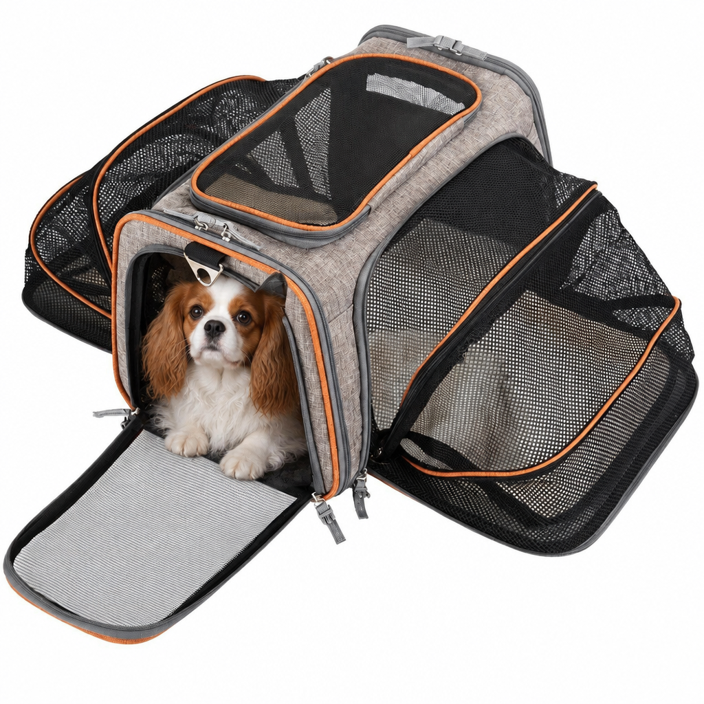 Orange expandable dog carrier with a small dog sitting naturally inside