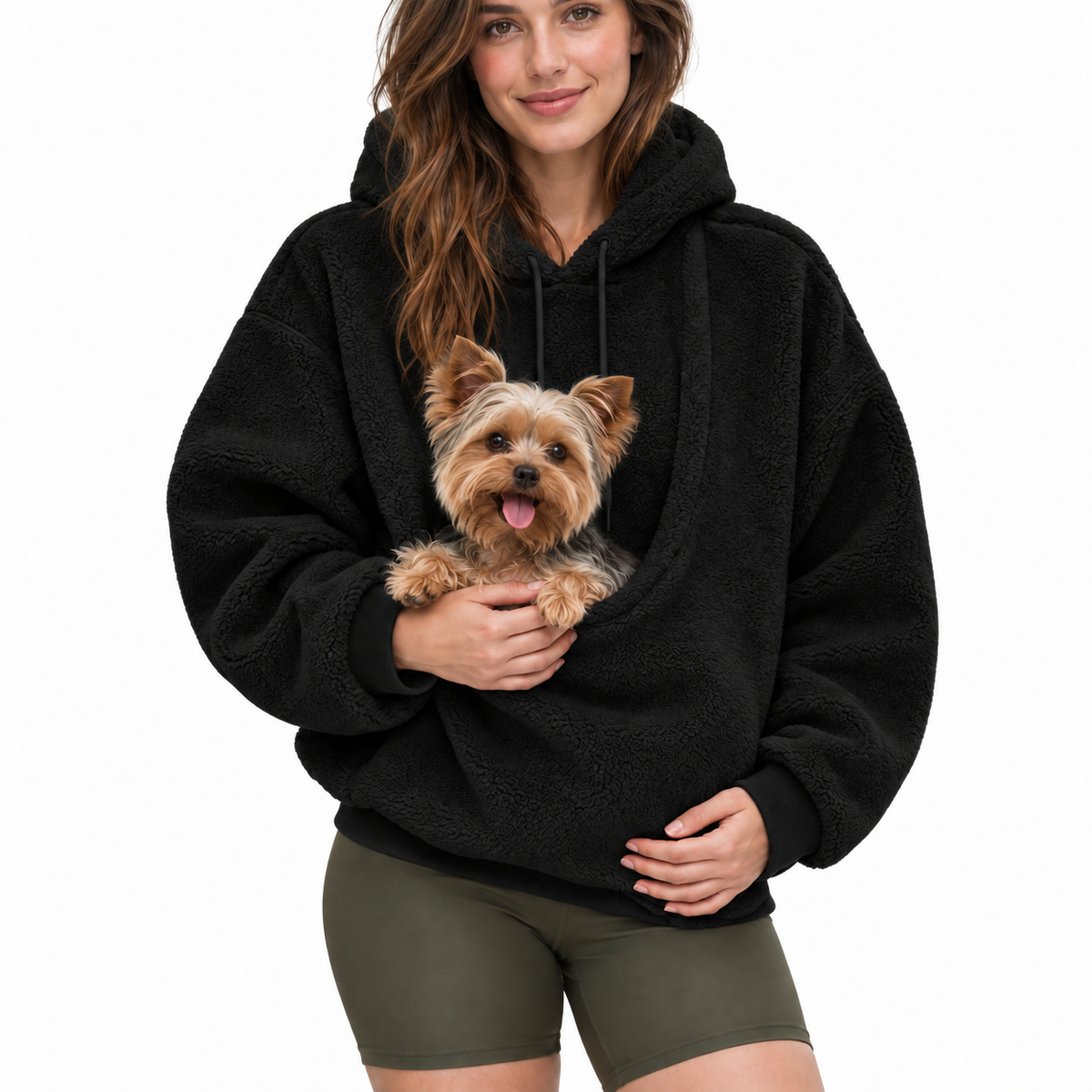 Kangaroo Pet Carrier Hoodie in Black with small dog in front pouch