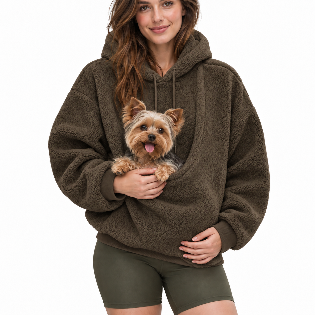 Kangaroo Pet Carrier Hoodie in Brown with small dog in front pouch