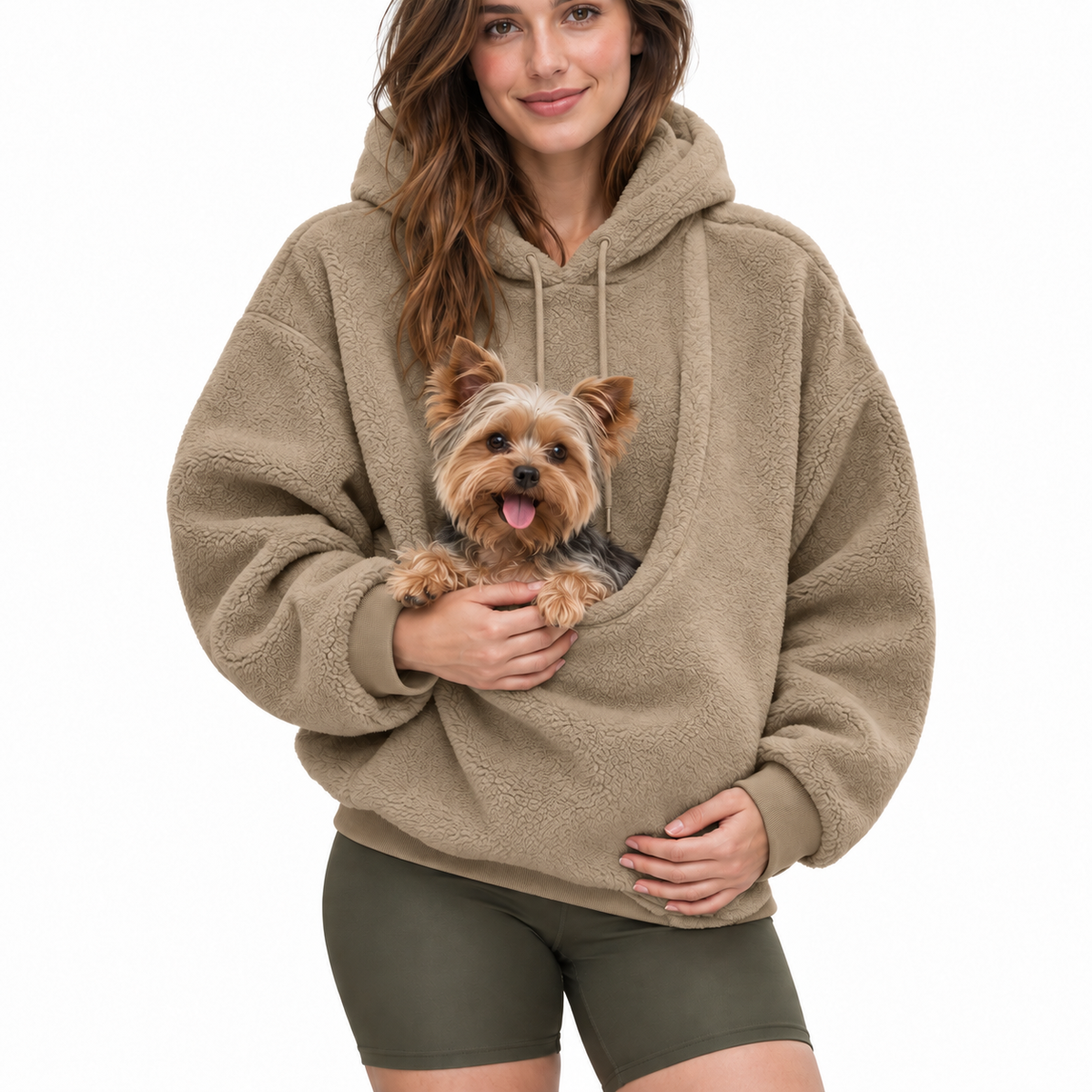 Kangaroo Pet Carrier Hoodie in Khaki with small dog in front pouch