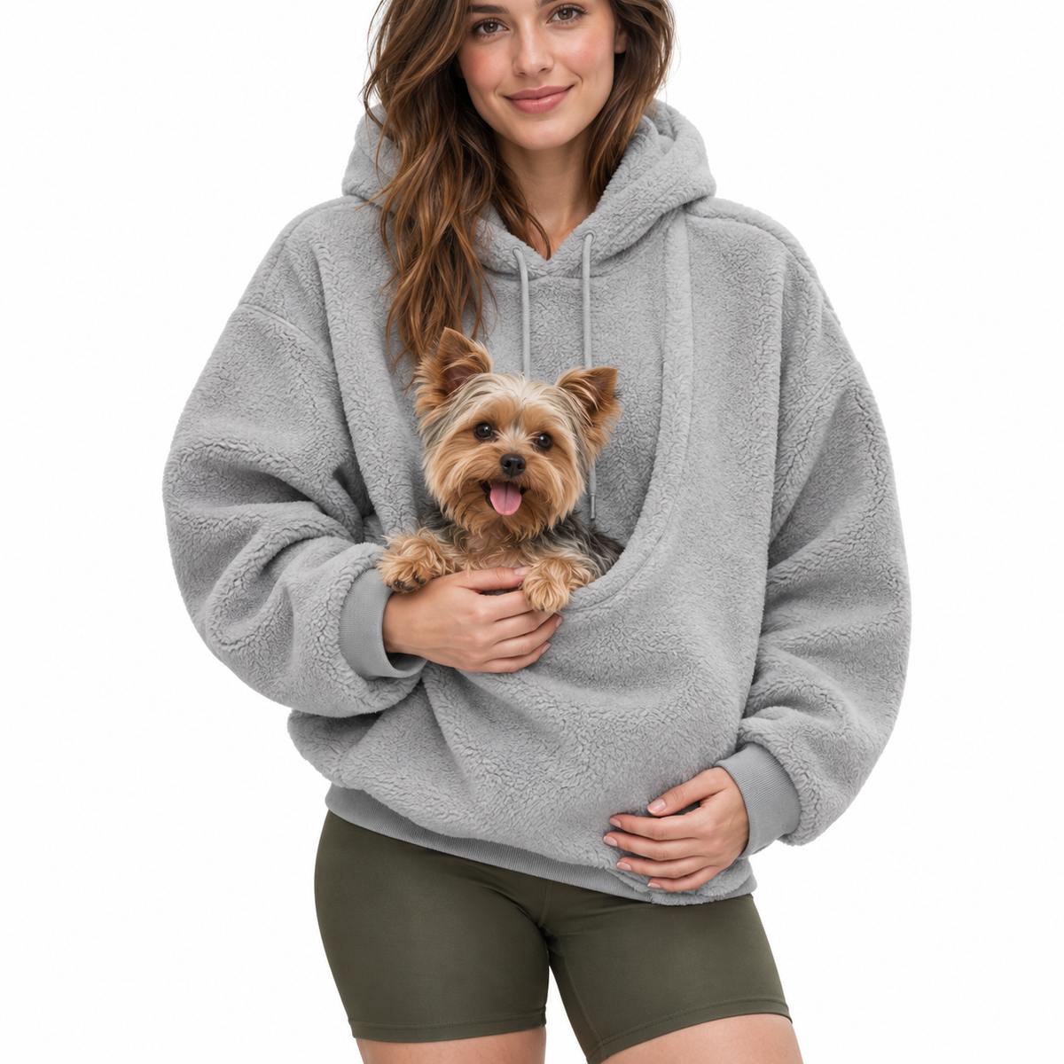 Kangaroo Pet Carrier Hoodie in Light Gray with small dog in front pouch