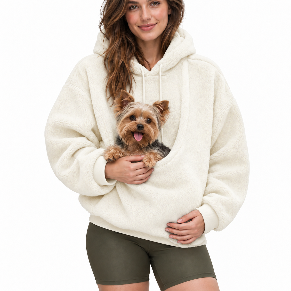 Kangaroo Pet Carrier Hoodie in Milky White with small dog in front pouch