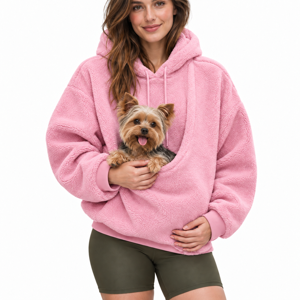 Kangaroo Pet Carrier Hoodie in Pink with small dog in front pouch
