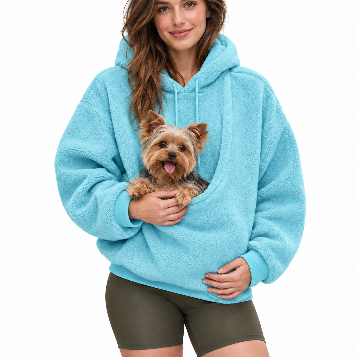 Kangaroo Pet Carrier Hoodie in Sky Blue with small dog in front pouch