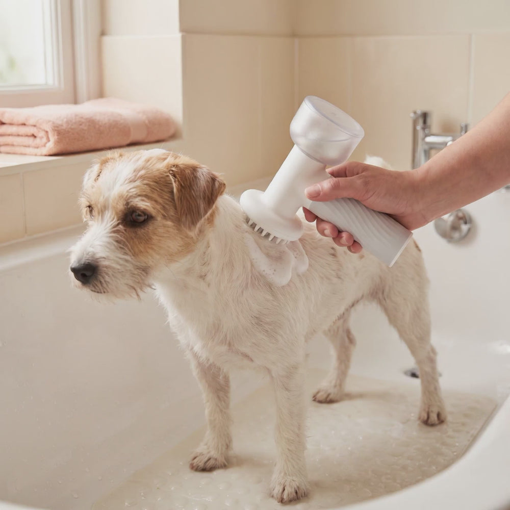Foaming dog bath brush in a home bath