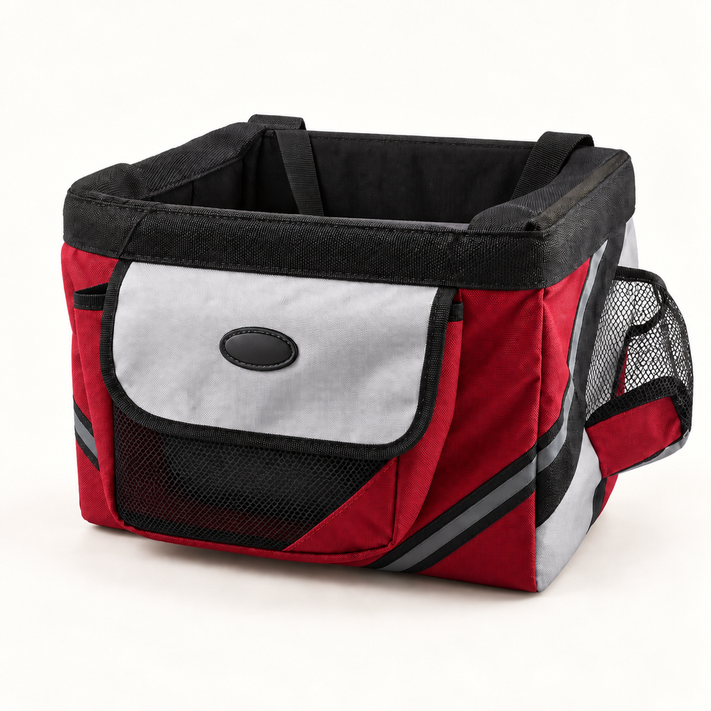 Red bicycle basket carrier with grey front flap and black padded rim, shown off the bicycle