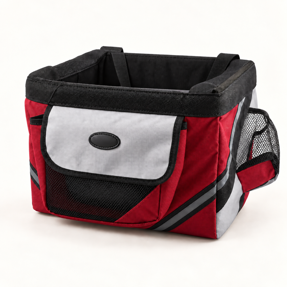 Red bicycle basket carrier with grey front flap and black padded rim, shown off the bicycle