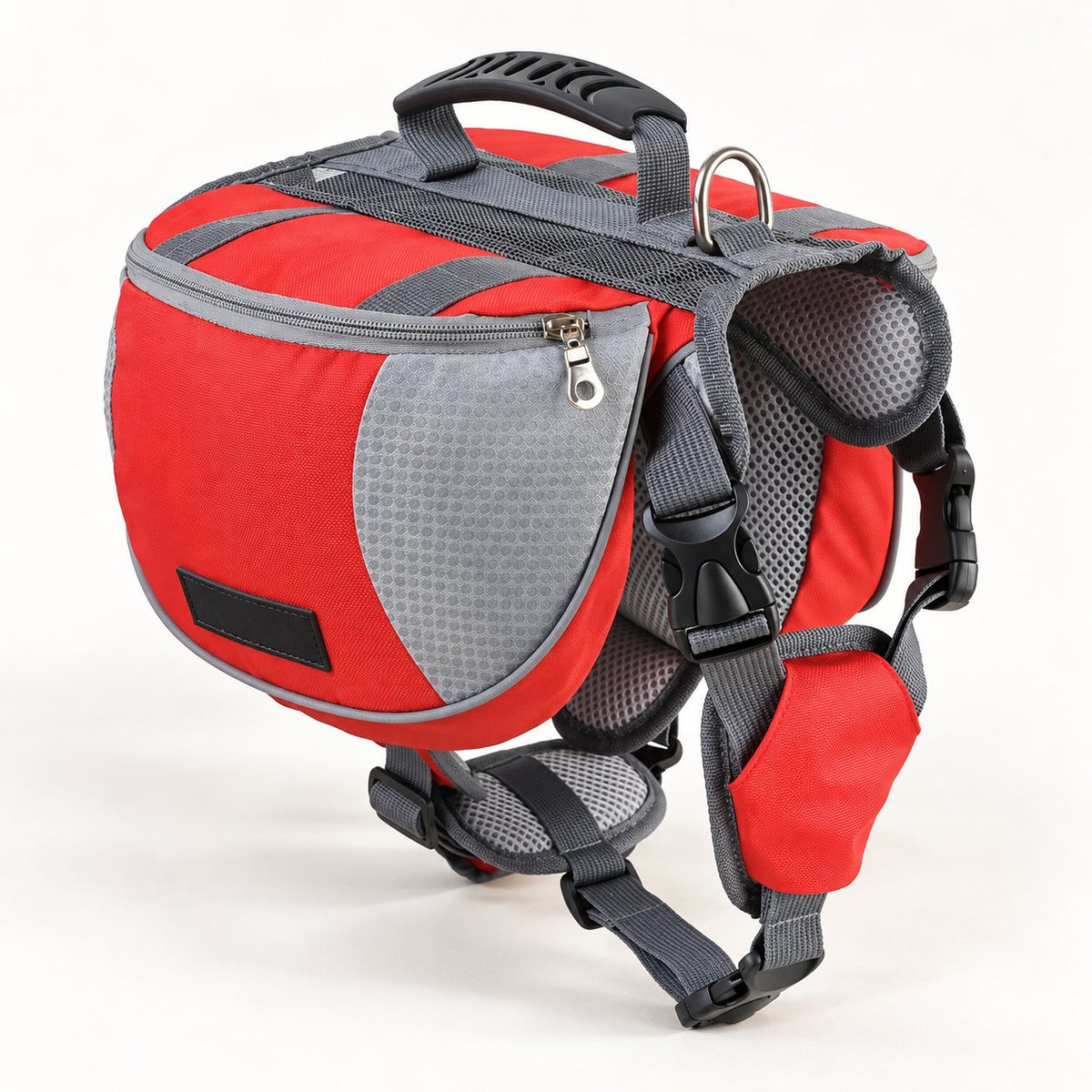 Red hiking pack, showing side pockets and adjustable straps