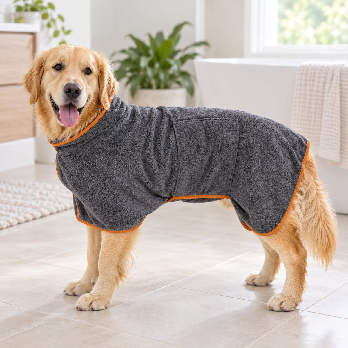 Grey bath robe with orange trim worn by a golden retriever
