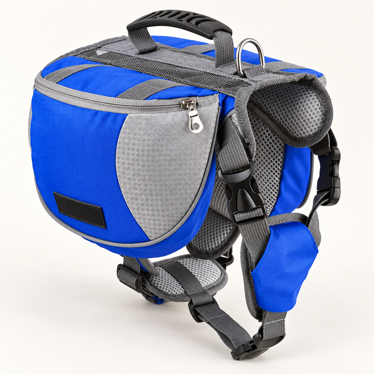 Sky Blue Black hiking pack with blue pouches, grey straps and padded mesh harness