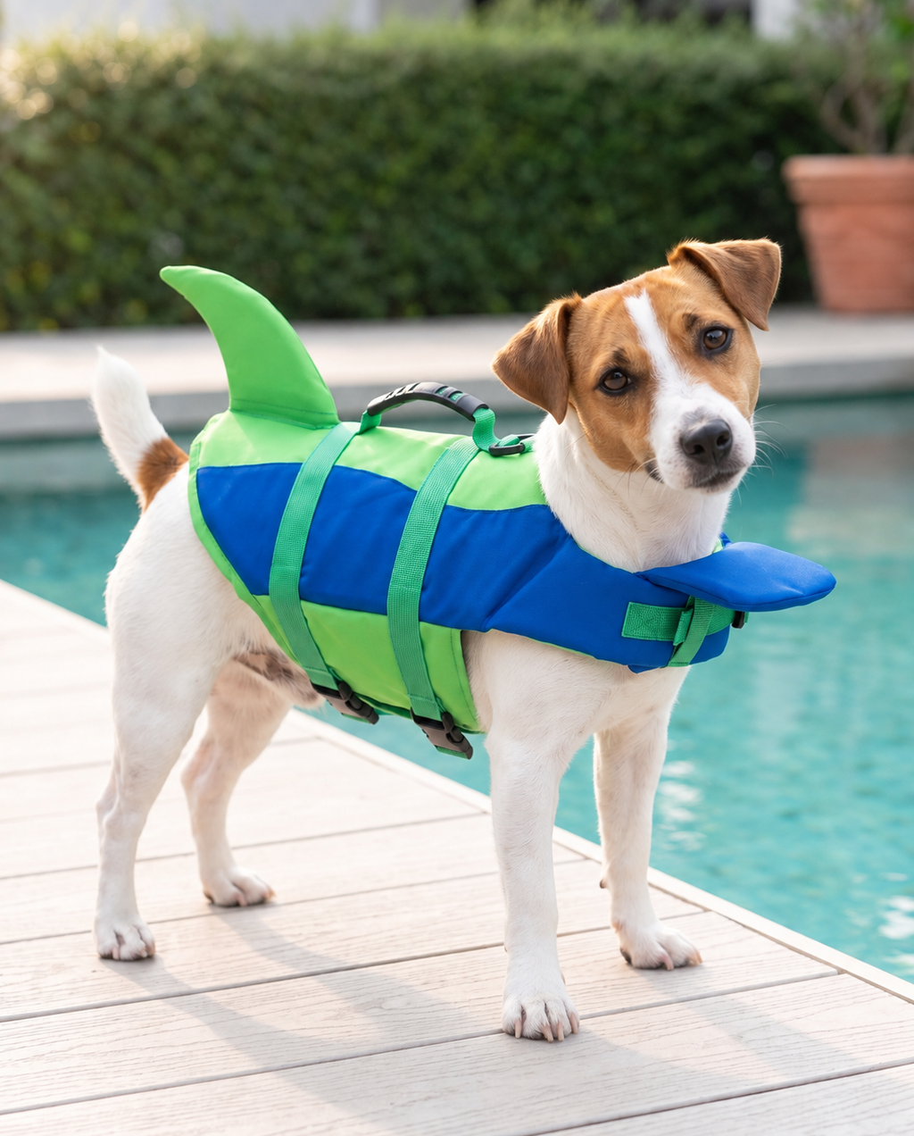 Tan-and-white Jack Russell with a curious head tilt wearing the Blue And Green dog life jacket beside a pool