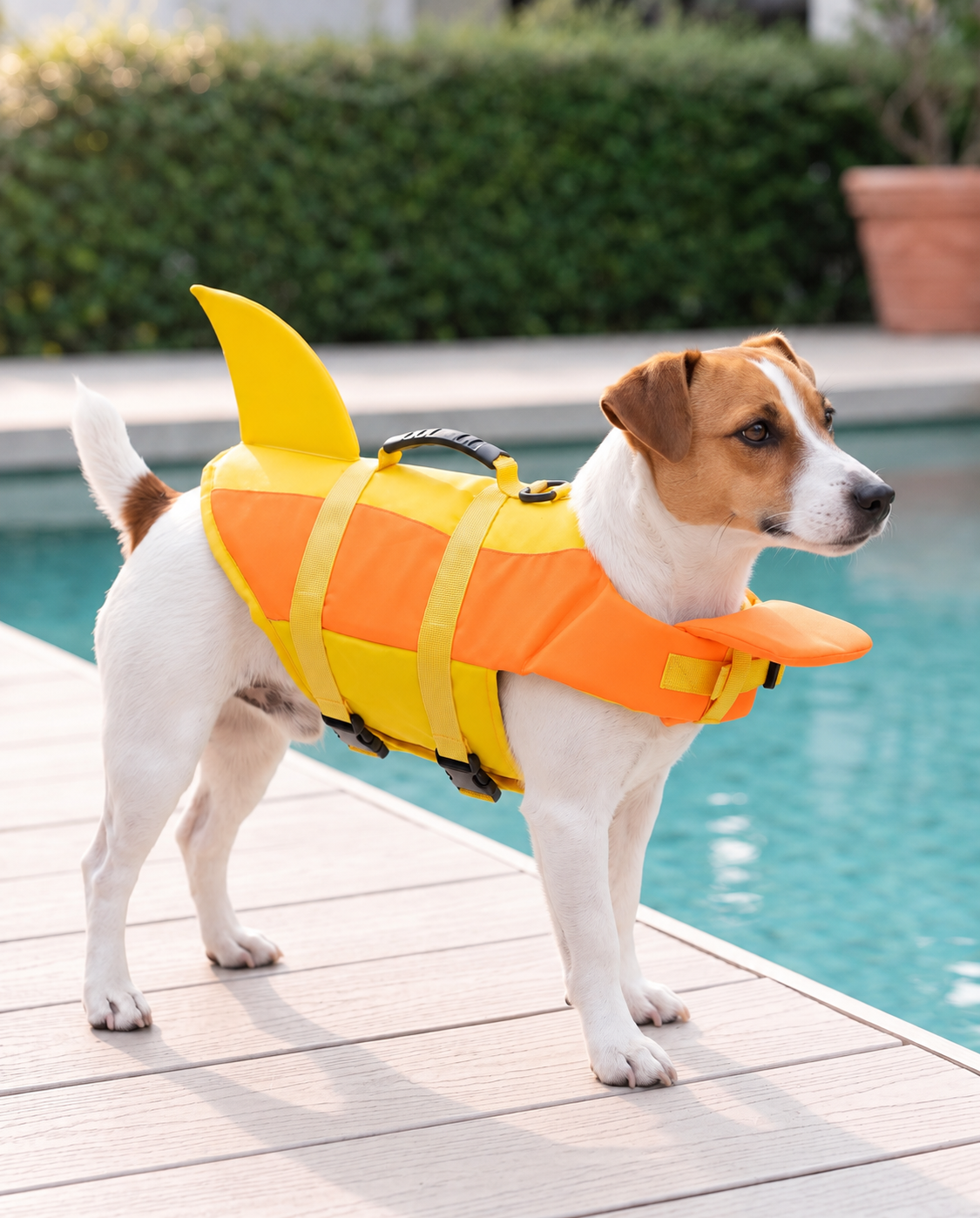 Jack Russell wearing the Orange dog life jacket