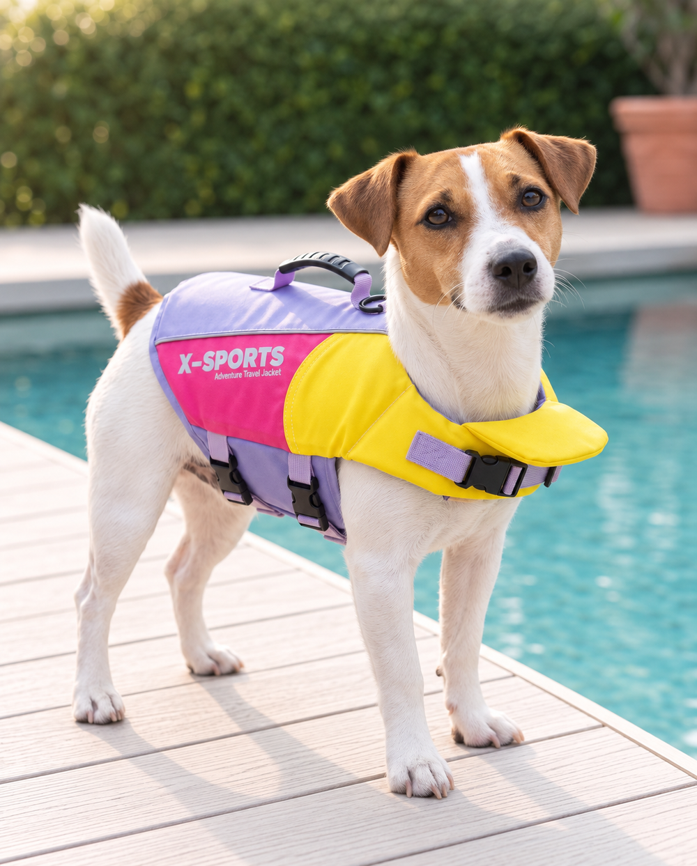 Jack Russell wearing the Purple Patchwork dog life jacket