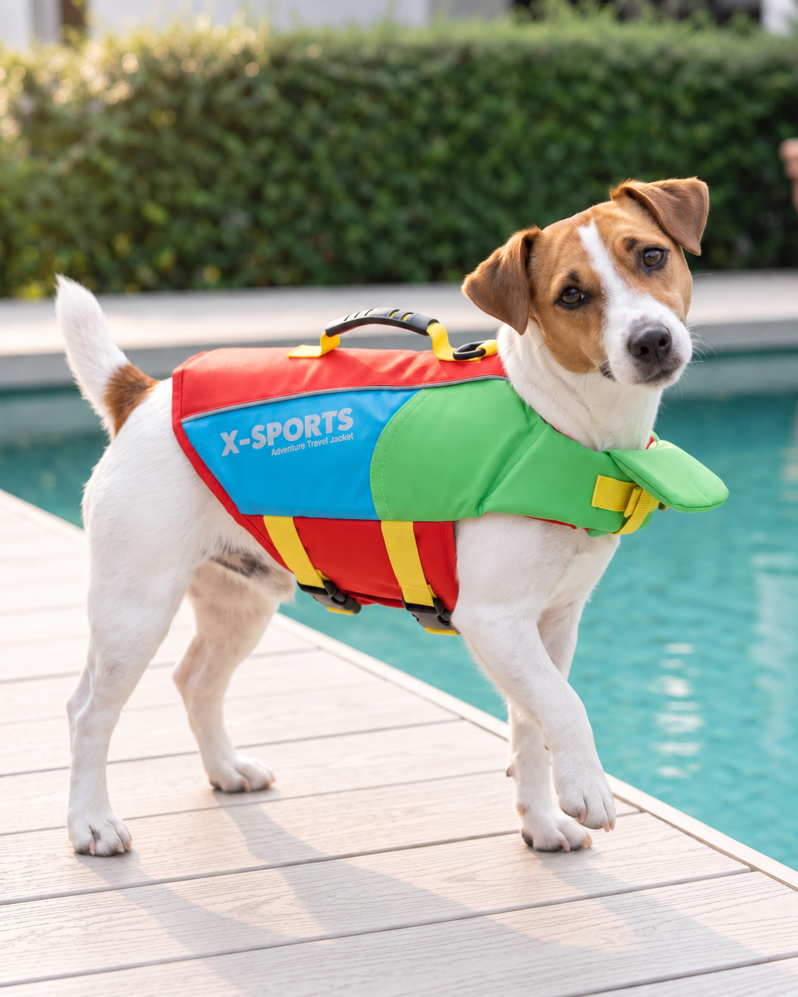 Jack Russell wearing the Red Stitching dog life jacket