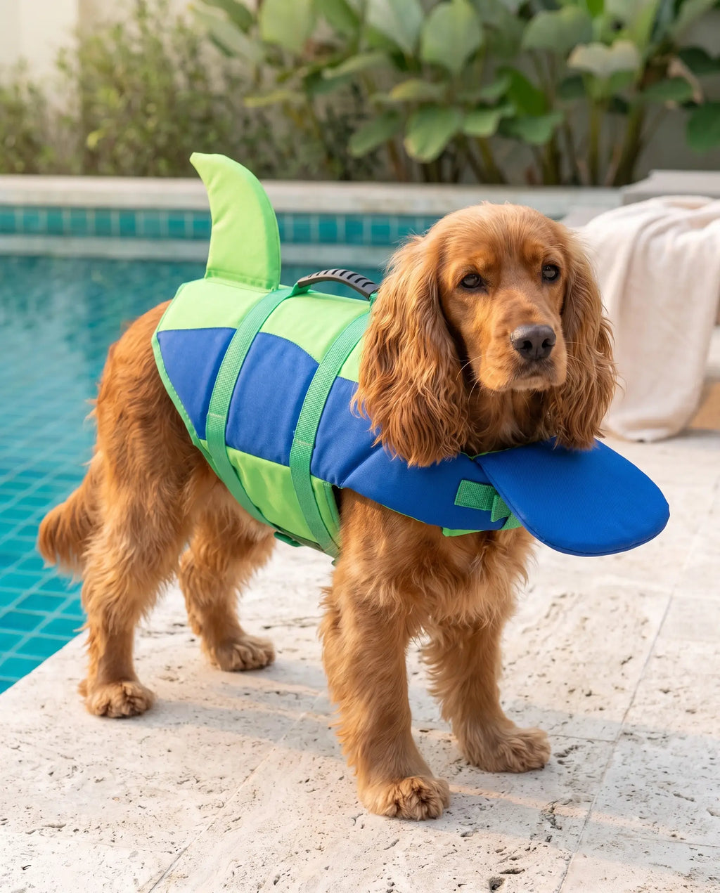 Cocker spaniel wearing the Blue And Green life jacket beside a pool