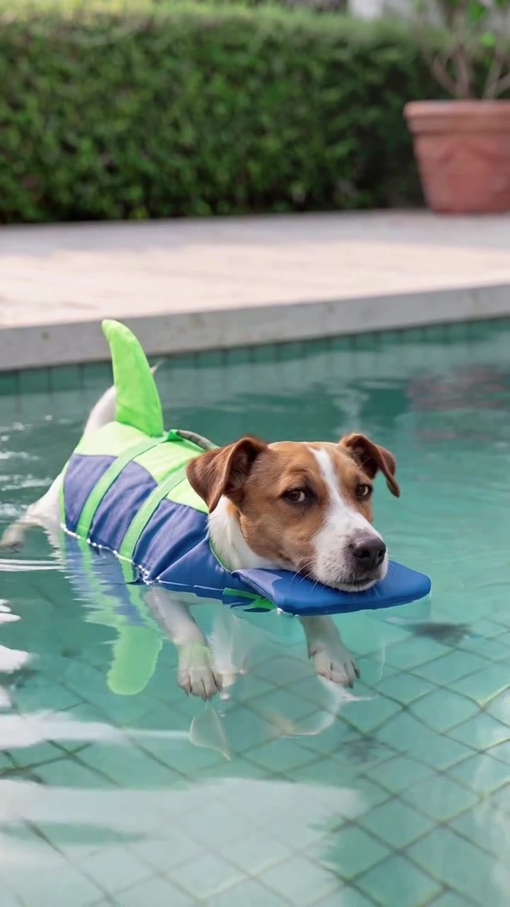 Dog wearing the Blue And Green life jacket in a pool